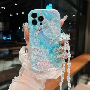 Mermaid Themed Pattern Phone Case with Lanyard, Decorative Phone Protector Cover, Phone Accessories Compatible with iPhone 11 12 13 14 15 Pro Max, Casing