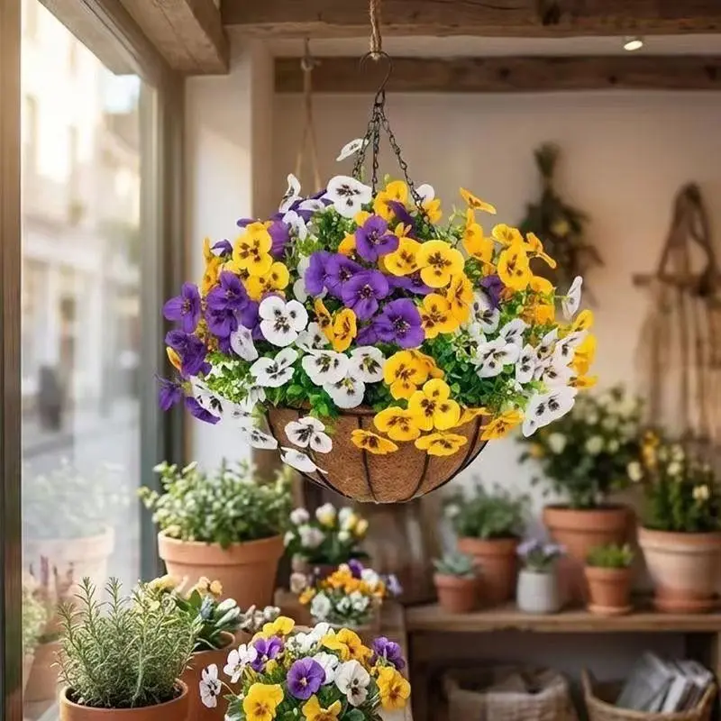 1/2 set of artificial hanging triple-flowered viola bouquets with baskets, UV-resistant artificial silk triple-flowered viola outdoor hanging bouquets, suitable for porches, gardens, yards, and home spring decorations