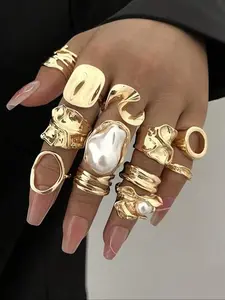 Women's Geometric Irregular Pearl Ring Set, 12-Piece Jewelry Collection, Elegant Design for Daily Wear & Special Occasions
