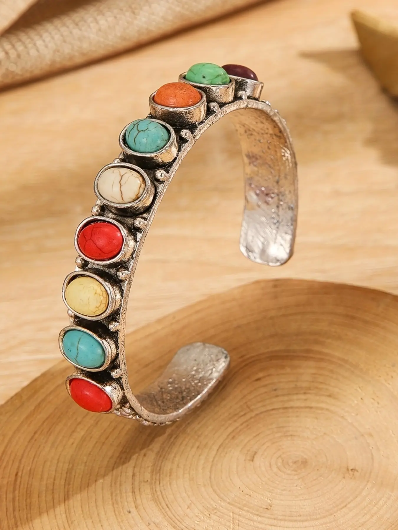 Boho Vintage Multicolor Gemstone Open Bracelet, Ethnic Style Layered Jewelry, Adjustable Cuffs Silver Color, Fashion Accessory for Women, Trendy Bangles, Trendy Fashionable Accessories
