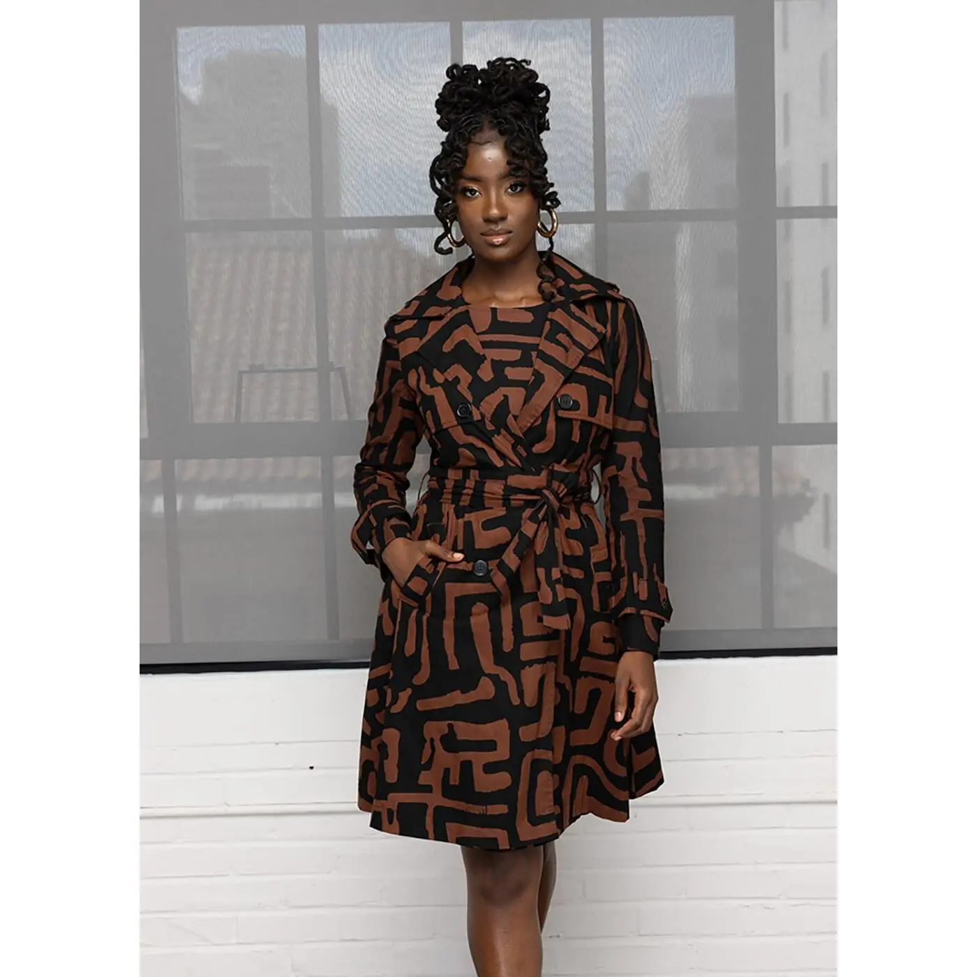 Adesina Women's African Print Utility Trench Coat (Espresso Geometric)