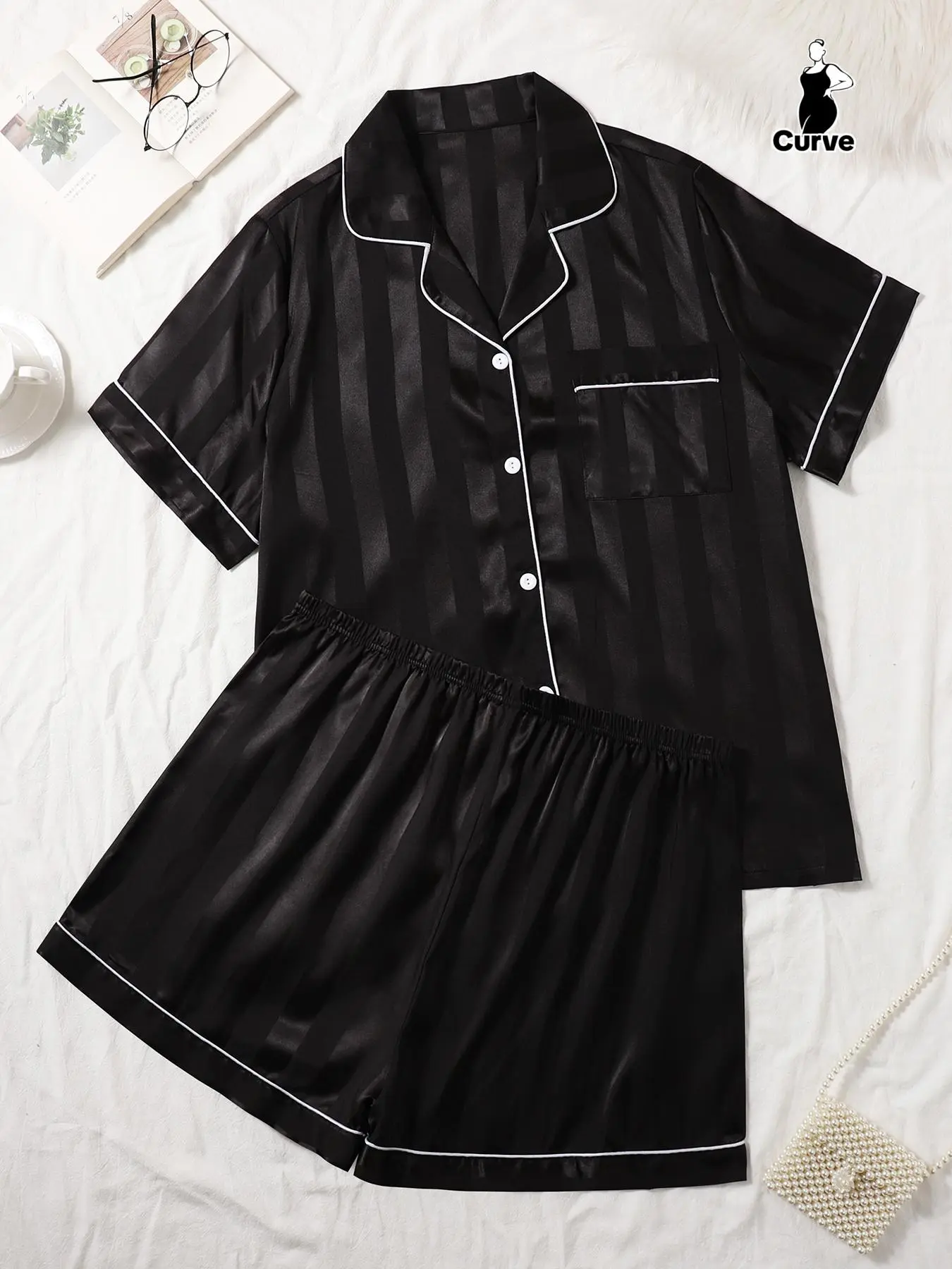 [Plus Size] Contrast Binding Top & Shorts Pyjama Set, Comfy Short Sleeve Top & Shorts PJ Set, Women's Sleepwear for All Seasons, Loungewear, Loungewear Pjs