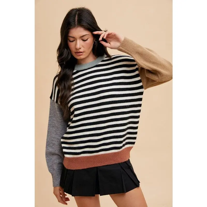 Annie Wear Striped Color Block Round Neck Sweater