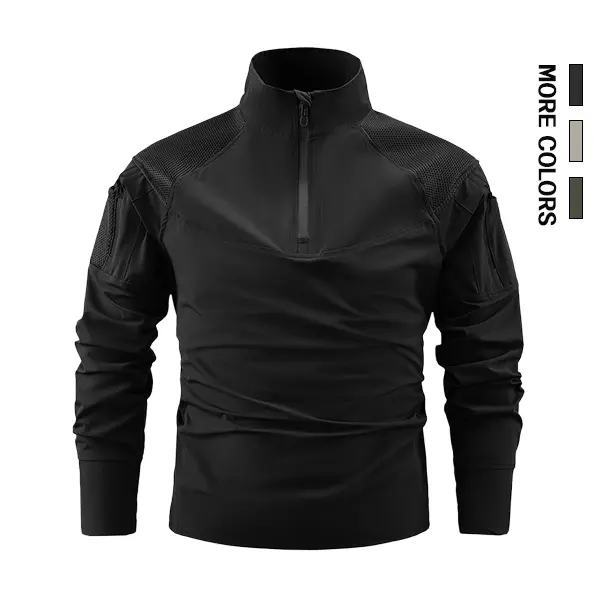 Men’s outdoor tactical quick-dry long-sleeve T-shirt, breathable stretch fabric, half-zip stand collar + mesh panel design, suitable for tactical training, hiking, commuting, and casual wear.