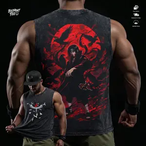 Crow Ninja Red Moon Acid Washed- "Itachi" Gym Tank Tops for Men - Heavyweight Vintage Sleeveless Muscle Shirts - Y2K Workout Pump Cover Gifts