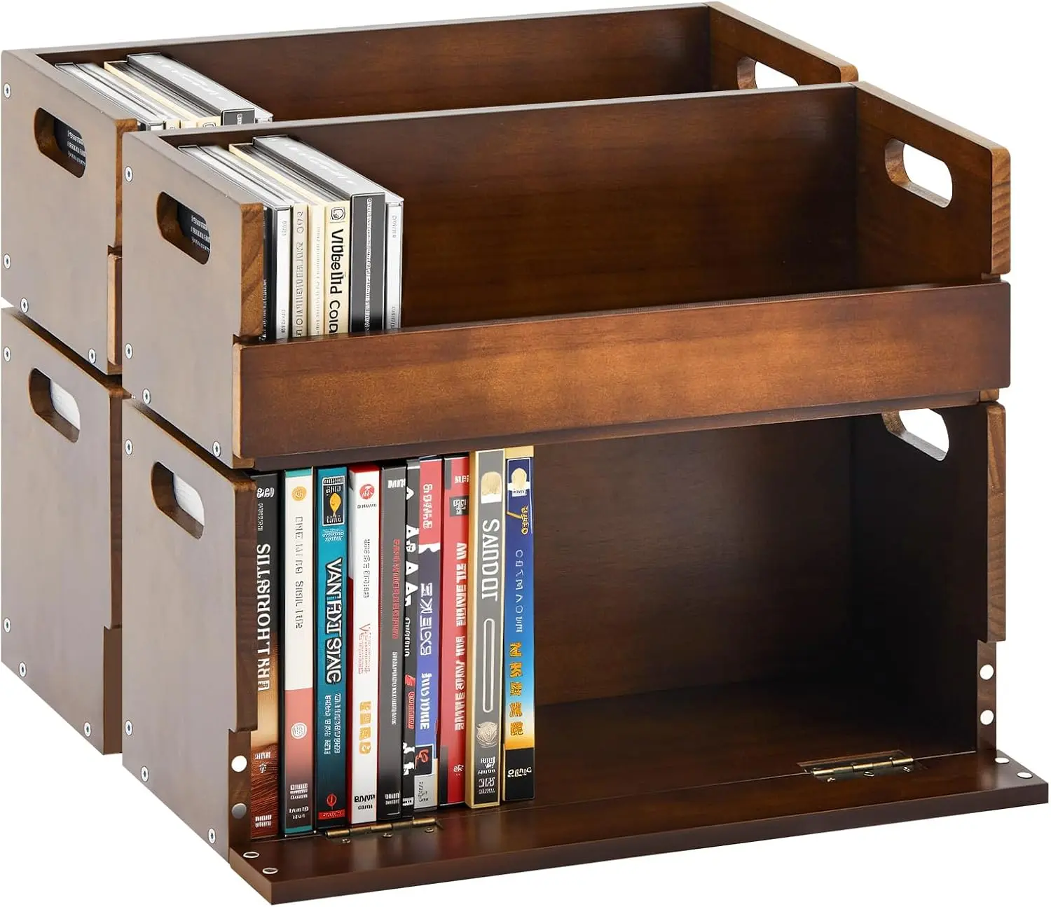4 Set Wooden DVD and CD Storage Box Cassette Tape Display Stand Holder Rack with Carrying Handle, Organizer Shelf for Movie Cases, Each Can Store up to 36 CDs and 26 DVDs (Brown)