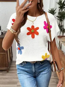 Women's Floral Knitted Vest, Round Neck Casual Outdoor Wear, Comfortable All-Season Clothing, Elegant Summer Fashion