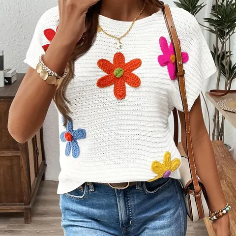 Women's Floral Decor Crew Neck Round Neck Sweater, Casual Short Sleeve Jumper for Daily Everyday Wear, Ladies Knitwear for All Seasons, Casual Elegant Knitwear, Tops Womenswear, Crewneck Casual Top