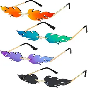 4 Pairs Fire Flame Sunglasses Rimless Flame Shaped Sun Glasses Wave Fire Shaped Glasses for Women Men Party Supplies Photo Props ( Red, Purple, Gray and Green)