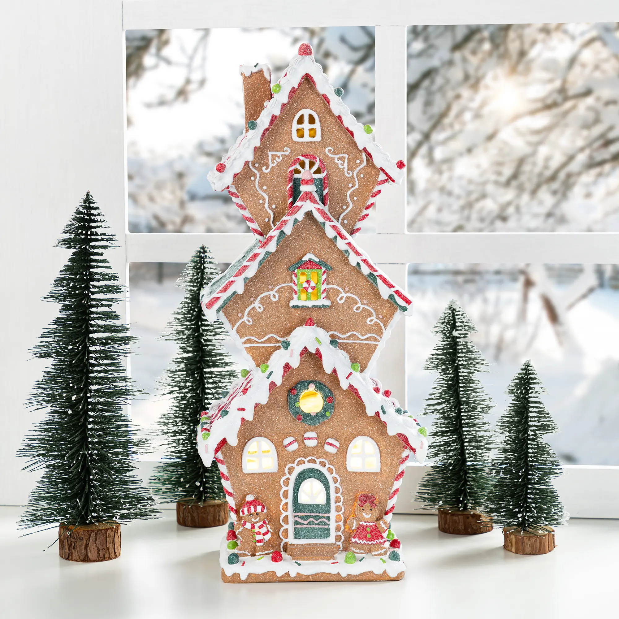 【Christmas in July】 Glitzhome 18.5"H Lighted Resin Christmas Gingerbread House Table Decor，w/Timer