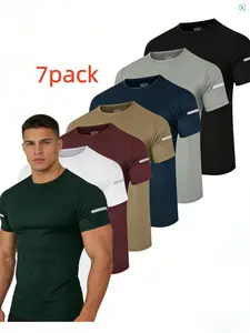 7pcs Men's Solid Crew Neck Short Sleeve T-Shirts, Breathable Quick-Dry Sports Tops With Reflective Strips Design, Suitable Fir Running And Fitness, Outdoor Cloth  Men Muscle Men's T-Shirts Fitness Shirts for Men Athletic T-Shirts  Activewear Shirts