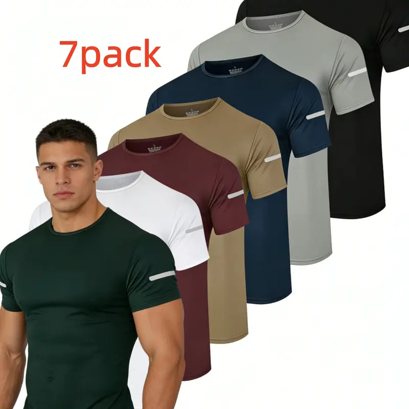 7pcs Men's Solid Crew Neck Short Sleeve T-Shirts, Breathable Quick-Dry Sports Tops With Reflective Strips Design, Suitable Fir Running And Fitness, Outdoor Cloth Men Muscle Men's T-Shirts Fitness Shirts for Men Athletic T-Shirts Activewear Shirts