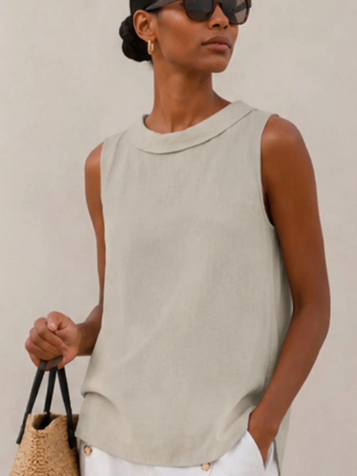 2026 Trendy Women’s Reversible Collar, Sleeveless, Solid Color Cotton-Blend Breathable Shirt Top, Casual Fitted T-Shirt for All Seasons