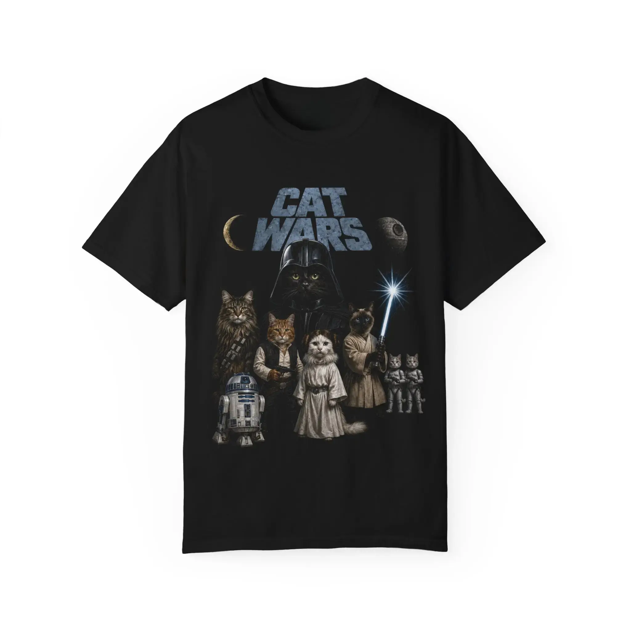 Cat Wars Funny Space Cat Parody Shirt – Vintage Sci-Fi Cat Lover Graphic Tee, Galactic Feline Adventure T-Shirt, Retro Cat Fan Gift, Humor Pet Owner Apparel, Unisex Graphic Tee, Black Washed Vintage...