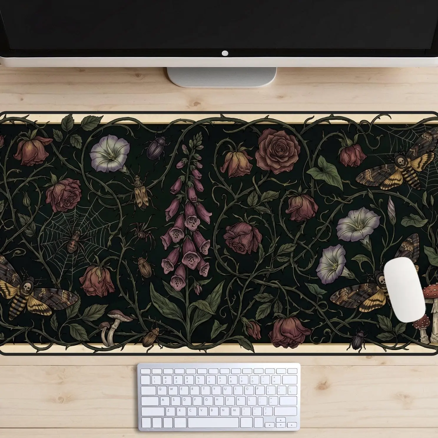 Gothic Botanical Desk Mat, Death's Head Moth Mouse Pad, Dark Whimsigoth XL Gaming Mat, Spooky Cottagecore Thorns Office Decor, Moody Plants Mousepad