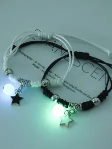 Glow-In-The-Dark Couple Bracelets Set, Star Moon Clover Cat Designs, Romantic Nighttime Jewelry, Unique Design Friendship Bracelets, Stackable Bracelets