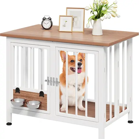 Yitahome Collapsible Wooden Dog Crate Furniture Kennel - Dual-Use Table Cage Enclosure, 33" L x 20" W x 25" H/39.3" In, No Tools Quick Setup, Portable, Adjustable Feet, 360° Rotatable Bowls, Space Saver for Small-Medium Dogs (Brown/Blue)