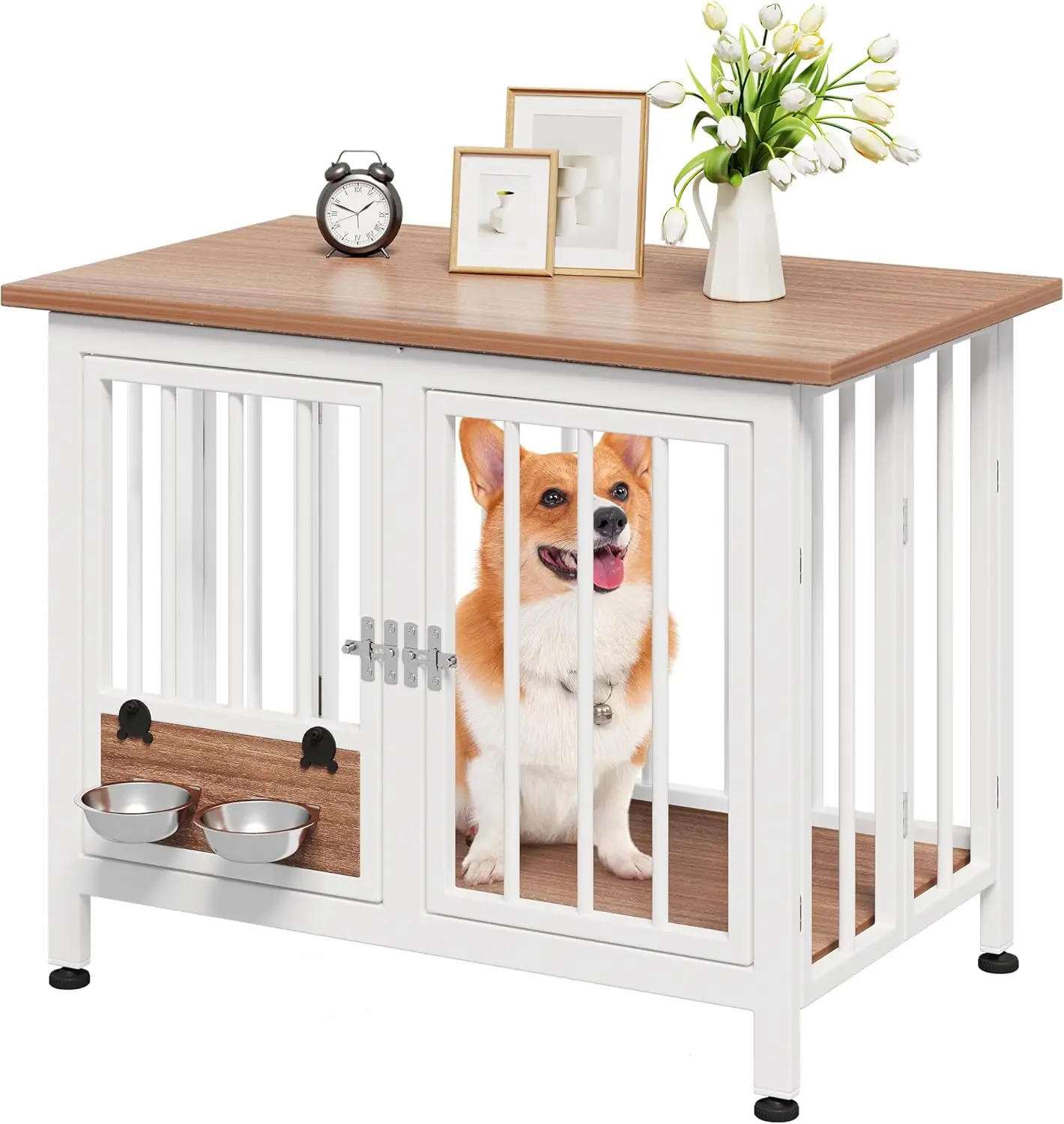 Yitahome 33" /39.3" Foldable Dog Crate Furniture, Portable Wooden Kennel End Table with Adjustable Feet & 360° Rotatable Bowls, Perfect for Small to M