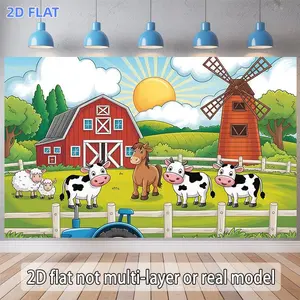 2D Flat Banner 1pc, Farm-Themed Banner Suitable for Weddings Birthdays Showers & Seasonal Parties - Cute Farm Landscape with Cows Barns Crops - Durable Polyester Indoor/Outdoor Rural Decor for all-Season Rural Themed Events, Photo