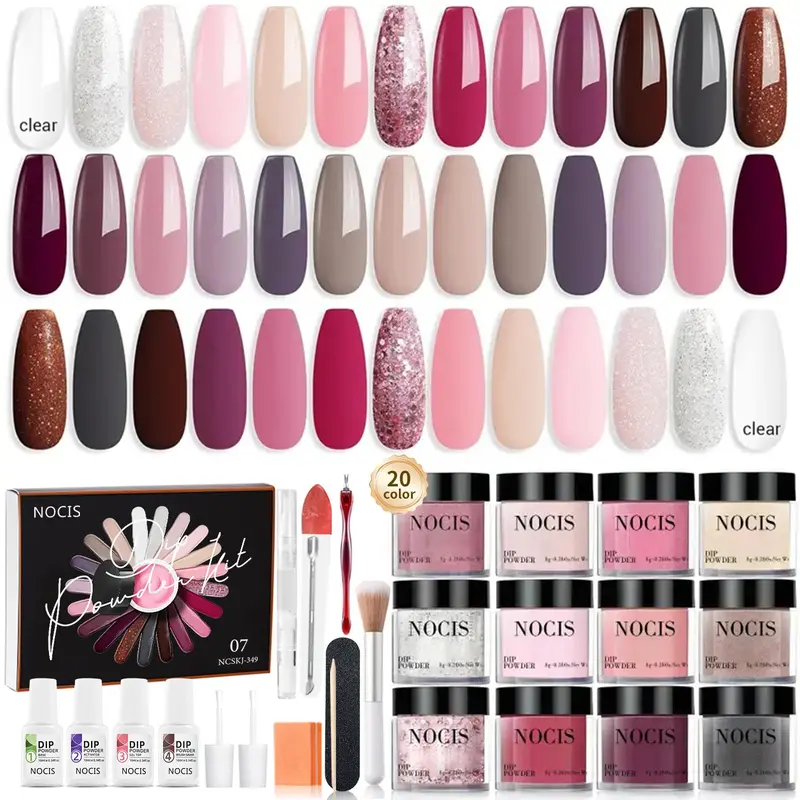 20 Color Glitter Dip Powder Nail Set, 31pcs/set Dip Powder Liquid Set with Top Coat/Base Coat Activator for French Nail Art, French Manicure, DIY Nail Art Kit, Nail Tech Supplies, Nail Products