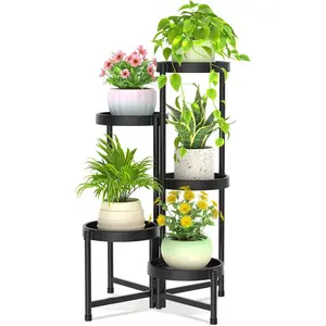 5 Tier Folding Plant Stand Indoor Outdoor with Plastic Tray, Tiered Corner Flower Holder Shelf, Metal Orchid Display Rack for Patio Porch Living Room Garden Balcony, Modern Black