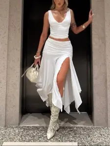 Fashion Women's High Waist Ruched Asymmetrical Split Long Skirt, Sexy Slim-Fitting Plain Design, Perfect for Casual Wear, Casual Streetwear Skirt, Womenswear
