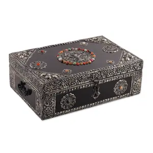 NOVICA Artisan Handmade Brass Jewelry Box Repousse Silver Tone Metallic Black Woodbrass India Hacienda 'Antique Sophistication'