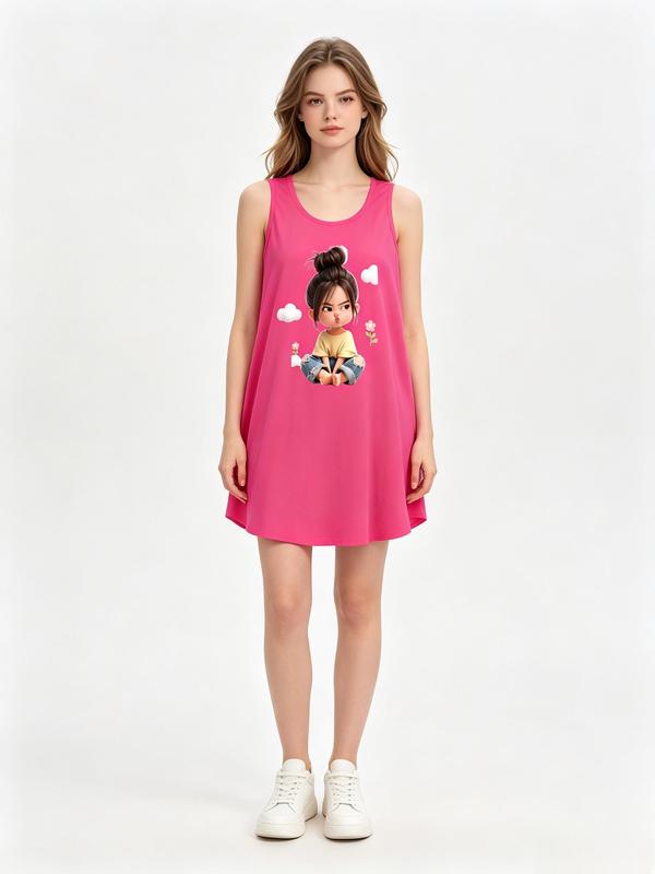 Sohochic Women's Cartoon Mad Face Girl & Heart Print Sleeveless Polyester Nightgown Dress - Lightweight, Breathable, Comfortable Casual Wear Plus Sizes Sleepwear