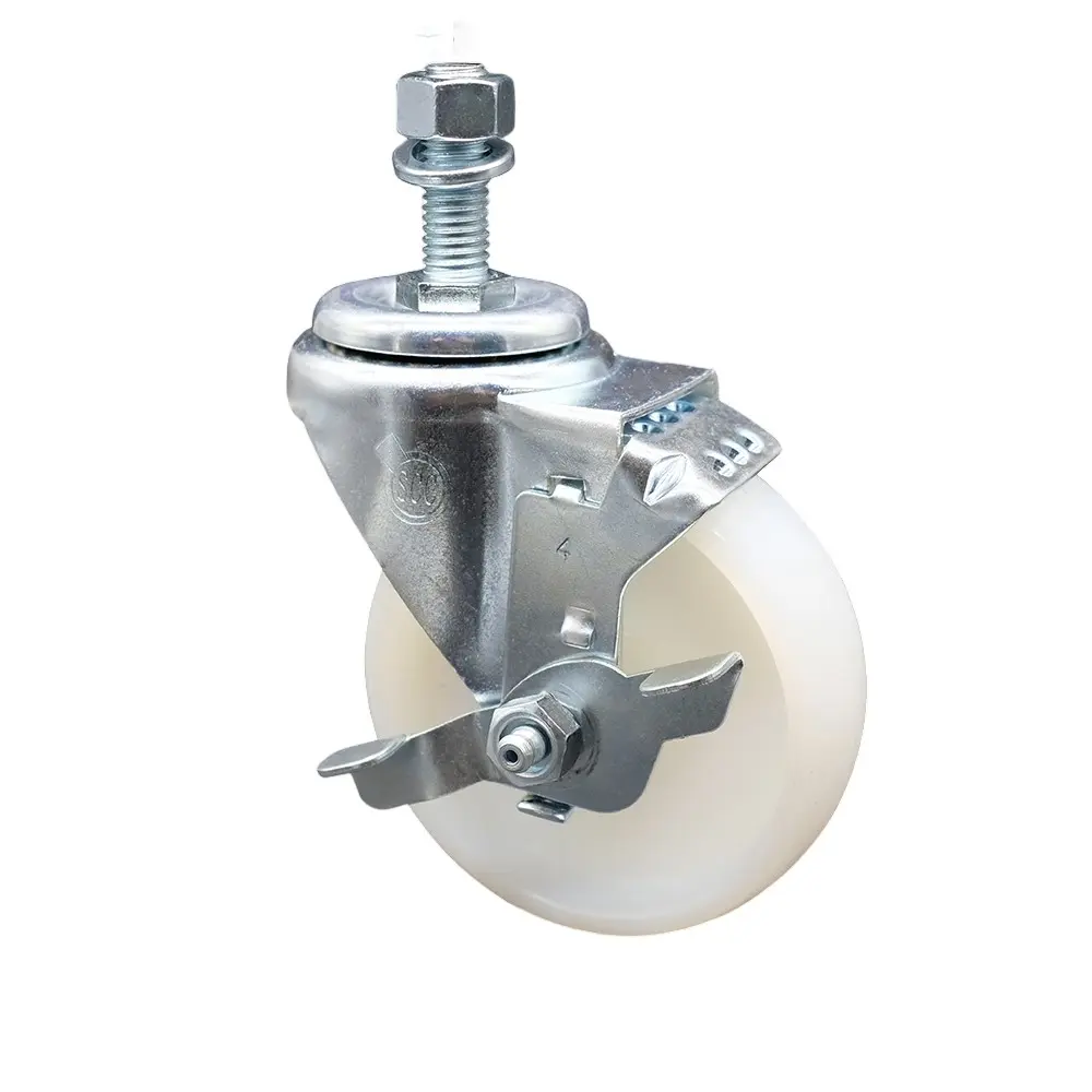 Service Caster SCC-TS20S414-NYS-TLB-M1215 Nylon Swivel Threaded Stem Caster (Threaded Castors), 4 x 1.25 in. White Wheel, 12 mm Stem, Top Locking Brake