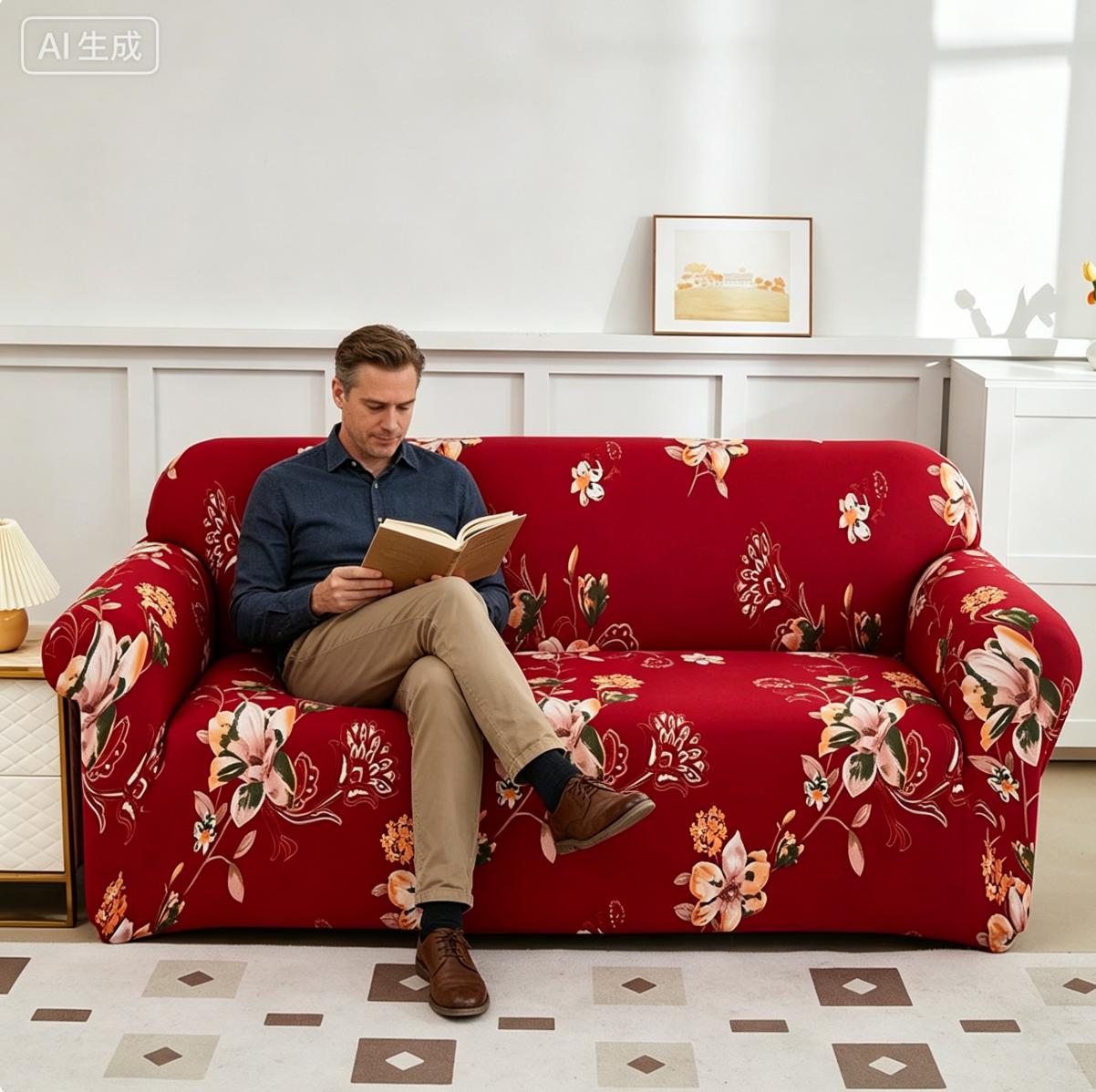 Bold Red Floral Stretch Sofa Cover | Form-Fitting Slipcover for Boho & Cottage Vibes