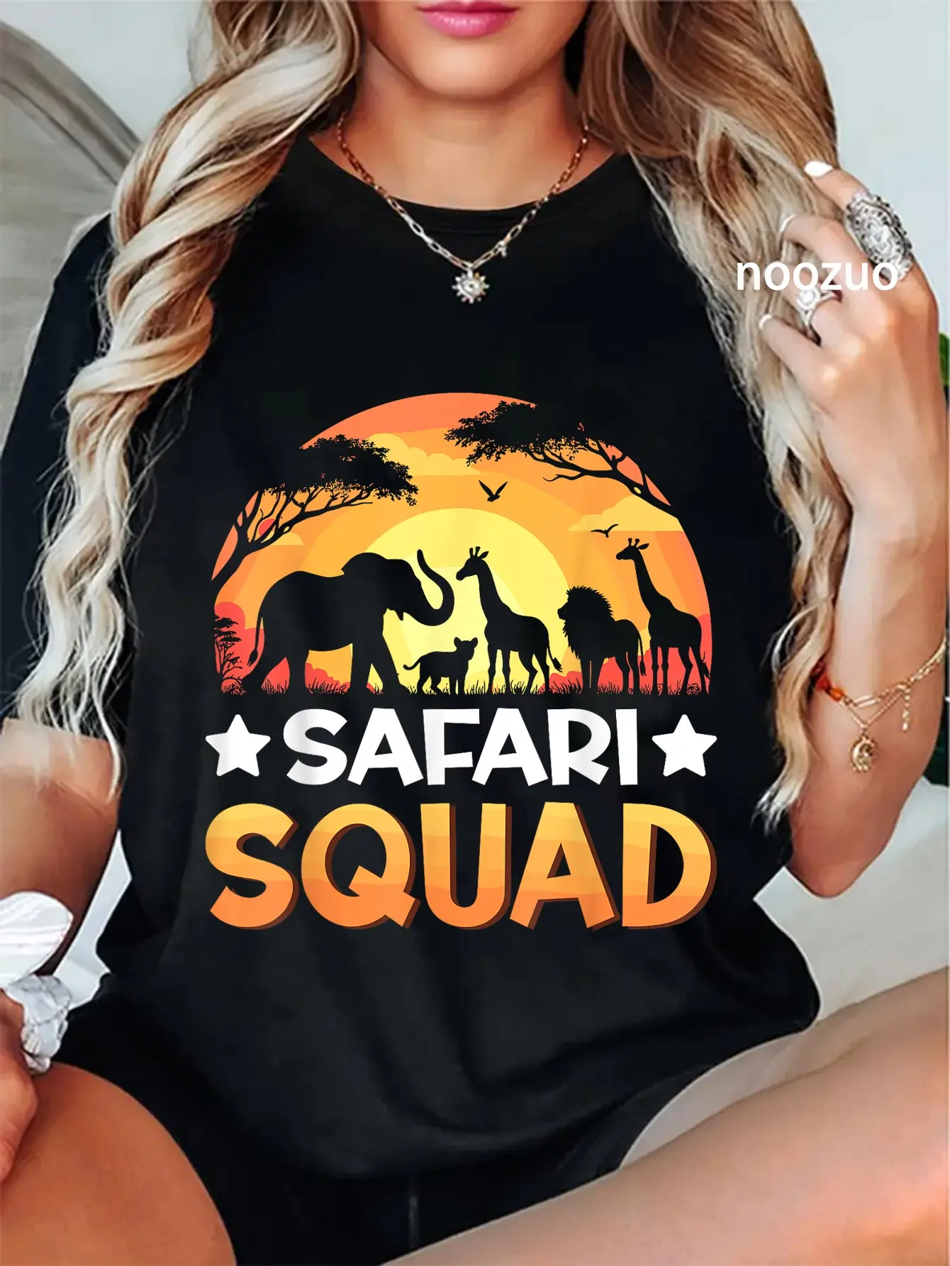 Women's 100% Cotton Graphic T-Shirt, Lady's Streetwear Casual Everyday Top with Safari Squad Animals Sunset Wildlife Zoo Print, Tshirt, Vintage