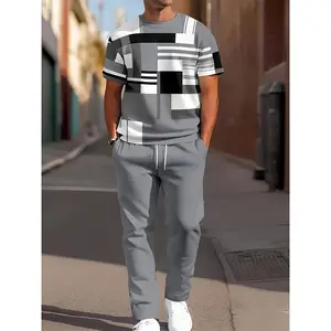 MEN'S casual geometric sweat suit-sporty polyester blend, crew neck, short sleeve, regular fit, all-season track suit