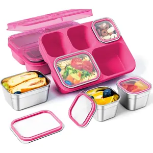 Stainless Snack Containers - 2 Pack, BPA-Free Bento Box with 5 Compartment, Reusable Snackle Box for School, Work, and Travel, Dishwasher Safe (Pink)