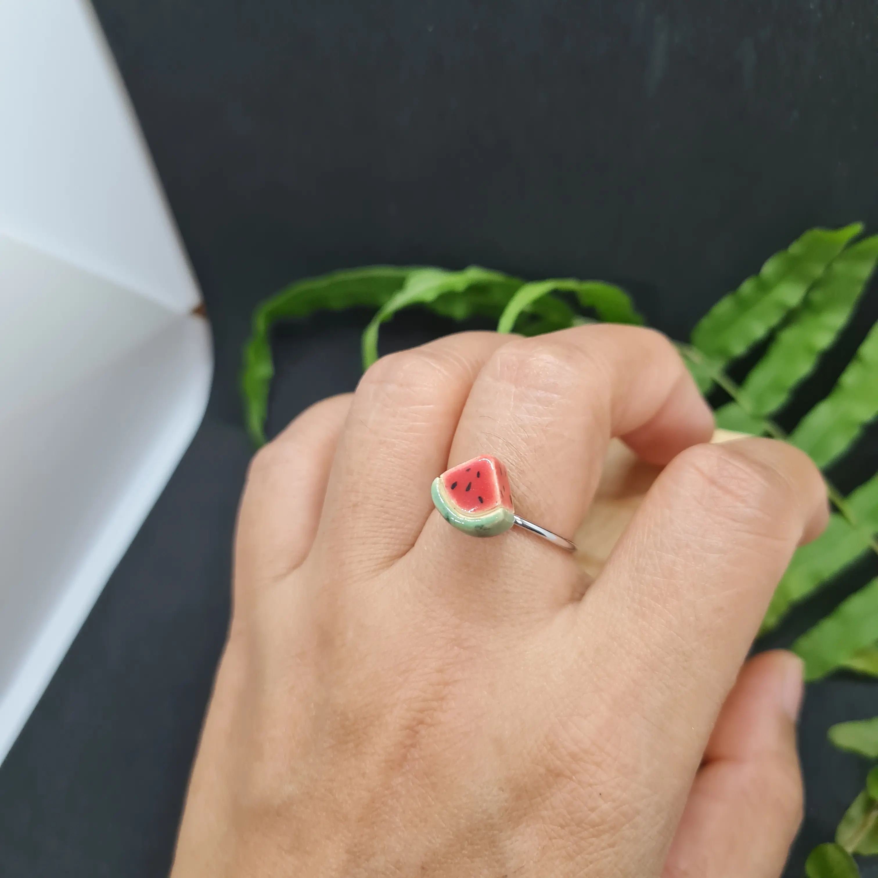 Colorful Handcrafted Ceramic Watermelon Ring, Moon Shape, Round Shape