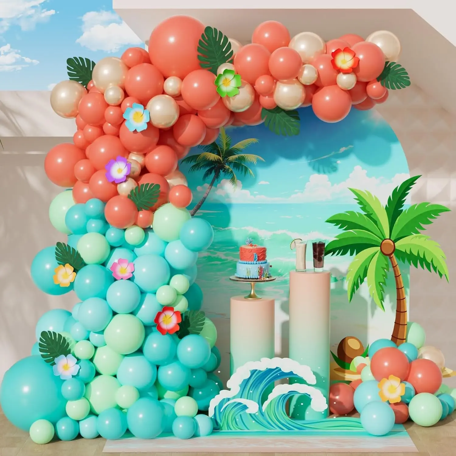 151PCS Tropical Balloon Arch Kit with Coral, Red, Teal, Gold Balloons for Hawaiian Luau Party