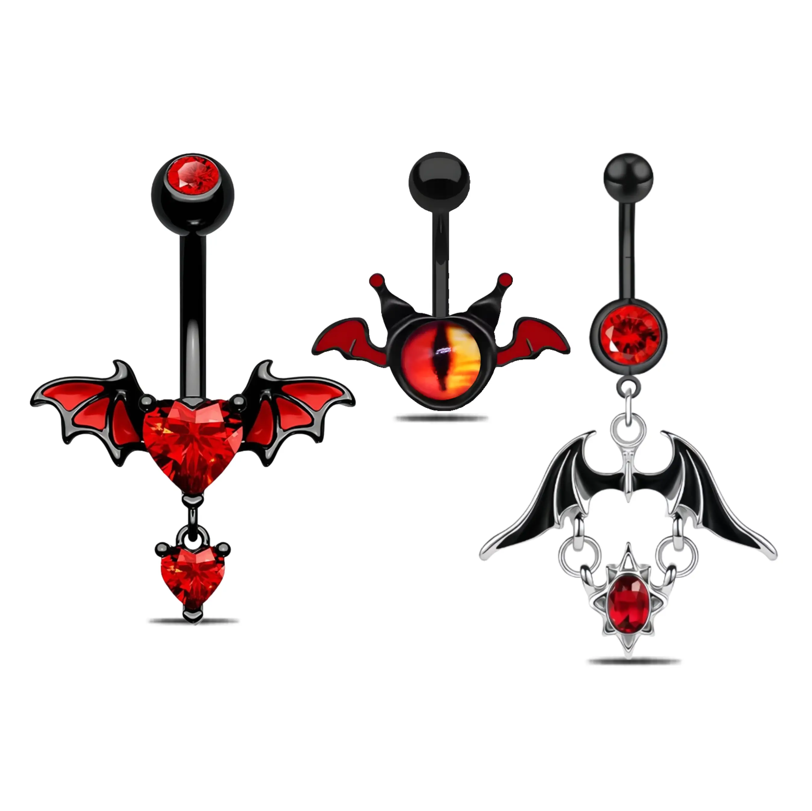 HERVAY 14G/10MM Halloween Vampire Bat Belly Button Ring - Stainless Steel with Red Gemstones & Black Acrylic - Unisex Piercing Jewelry
