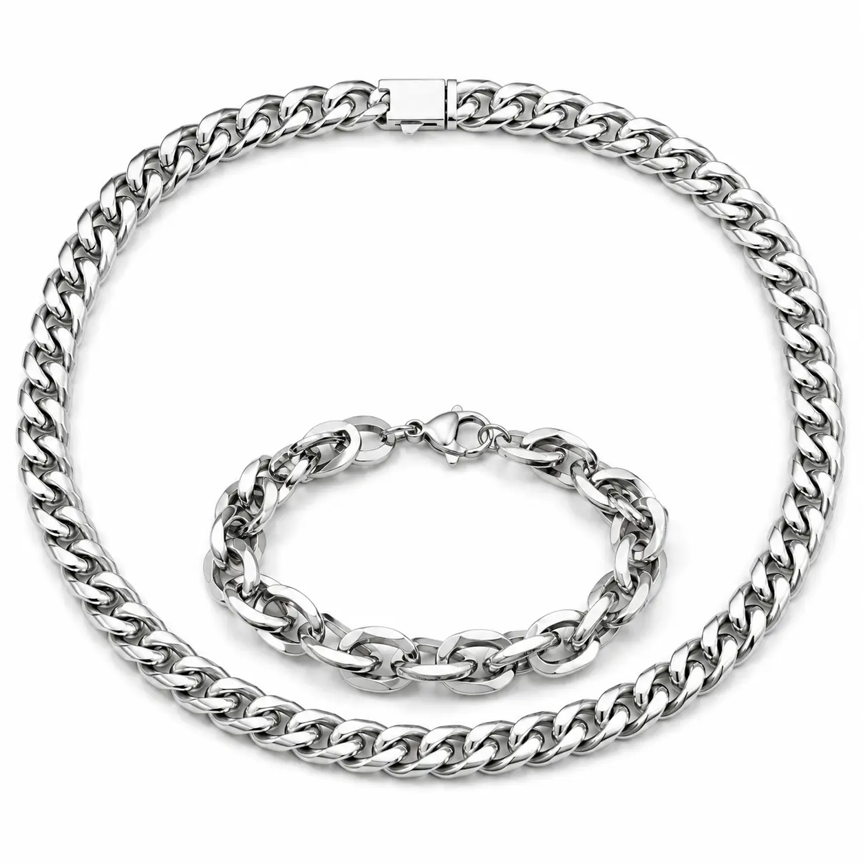 Men’s Stainless Steel Necklace and Bracelet Set, Silver-Tone Cuban Link Chain with Matching Bracelet, 2-Piece Vacuum-Plated Jewelry Set