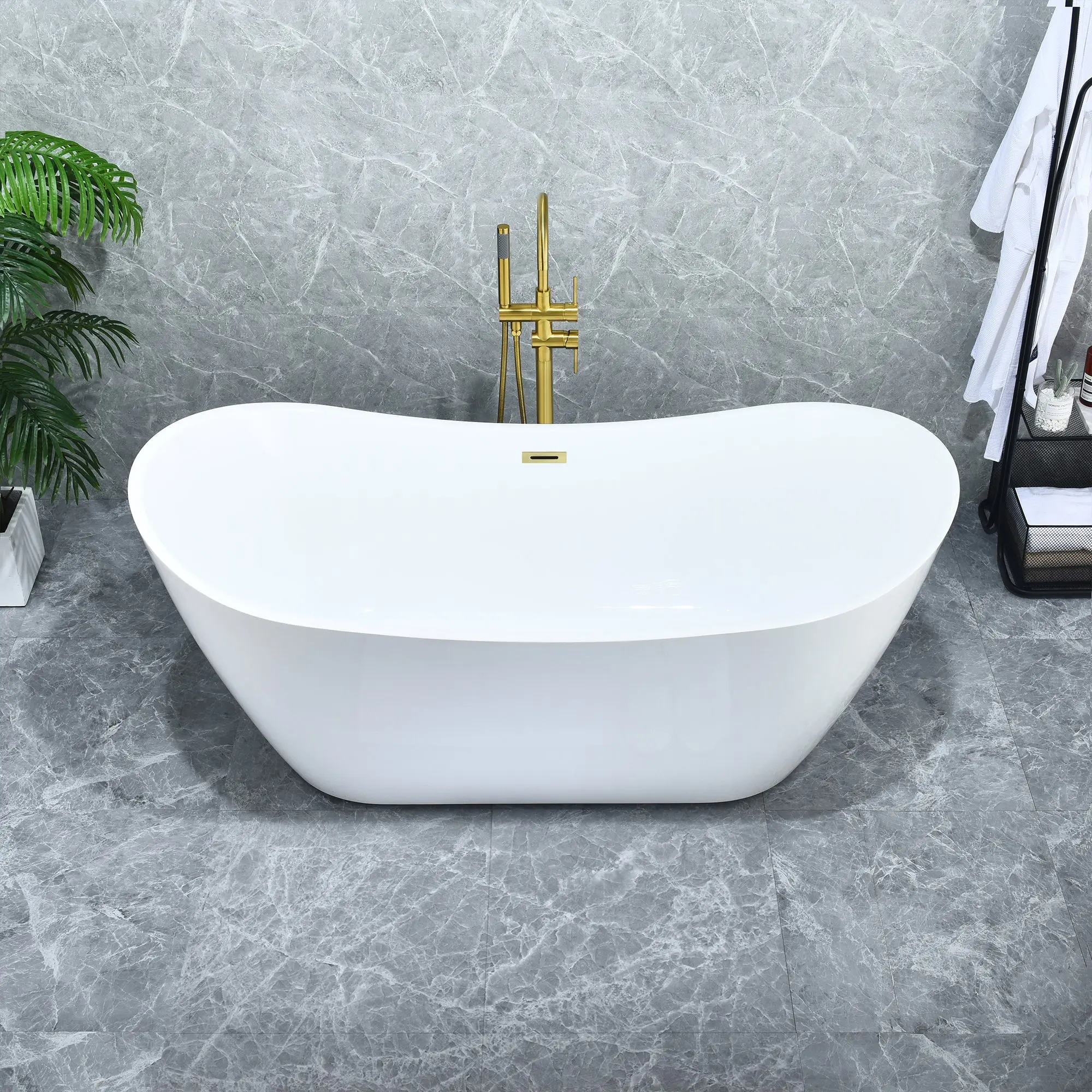 Vansza 67" x 32" Flatbottom Freestanding Acrylic Soaking Bathtub in Glossy White with Drain and Overflow