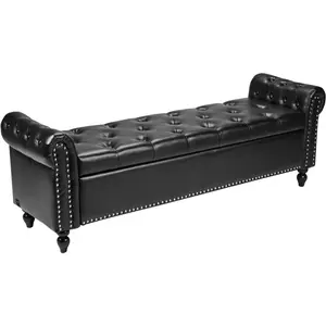 VEVOR Button - Tufted Storage Ottoman Bench, Rolled Arm PU Leather Bench with Solid Wood Legs, Modern Shoe Benches Seat for Entryway, Upholstered End of Bed Benches for Living Room, Dining Room, BrownVEVOR Super Brand Day