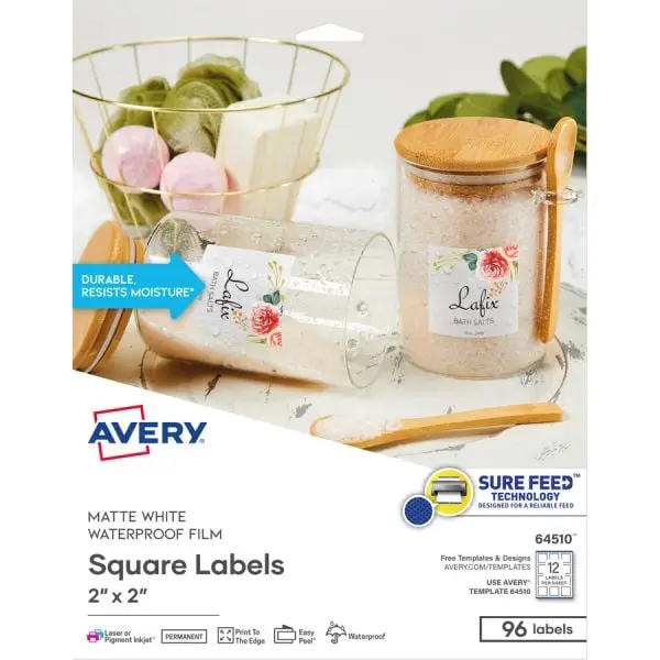 Avery Multipurpose Label - 2x2 in, White, Waterproof Polyester Film, for Labeling Tasks, Pack of 96
