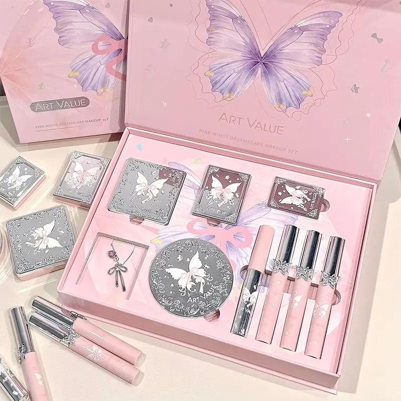 Pink Butterfly Makeup Kit with Eyeshadow Blush Highlighter Powder Lip Gloss Eyebrow Pencil and Necklace All-in-One Full Face Complete Makeup Set for Daily Use Makeup Gift Set Beauty Sets Makeup Combo Cosmetics Kit