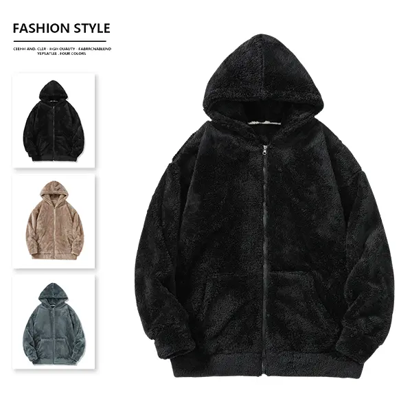 Fleece zip-up jacket with hood, featuring a casual and stylish design, warm and skin-friendly with a hood and large pockets, perfect for everyday outings and campus commutes.