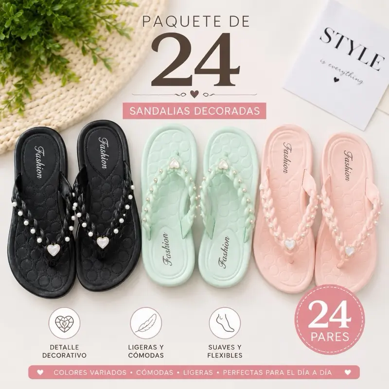 24 Pairs Women’s Pearl Braided Flip Flop Sandals    Assorted Sizes – Runs Small Paquete de 24 Pares de Sandalias con Perlas para Mujer Tallas Surtidas – Las Tallas Corren Pequeñas