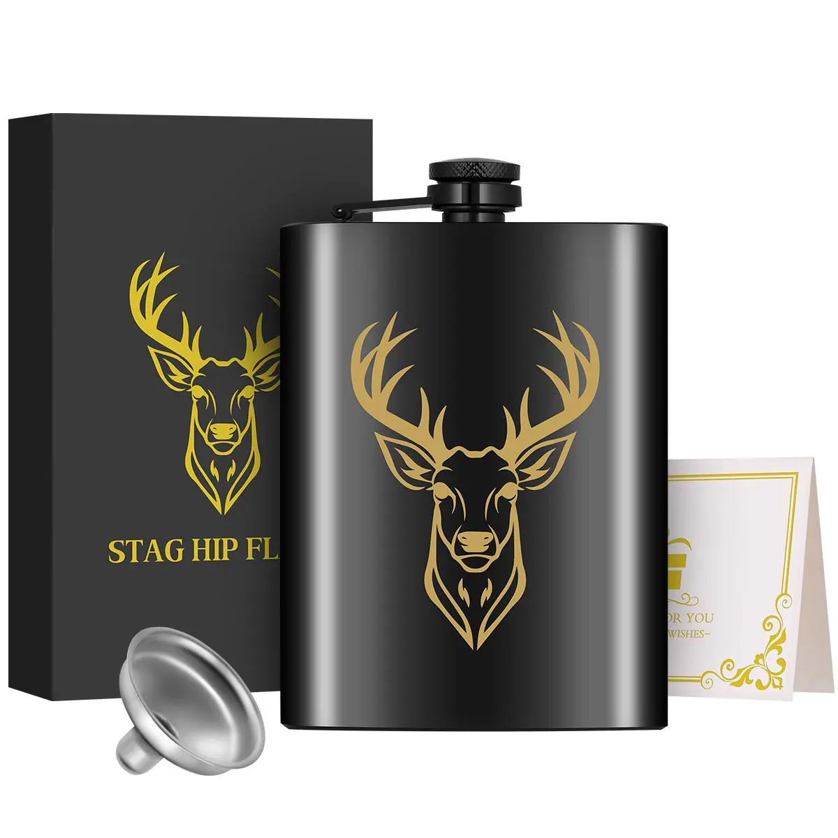 8 Oz Stainless Steel Personalized Flask with Funnel, Engraved Deer Design Pocket Flask Gift Set for Camping and Outdoor Activities