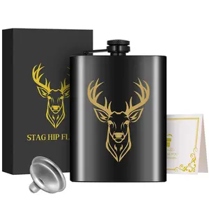 8 Oz Stainless Steel Personalized Flask with Funnel, Engraved Deer Design Pocket Flask Gift Set for Camping and Outdoor Activities