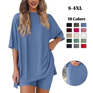 Crewneck Two-Piece Set For Women Summer Casual Oversized Split Hem Shirts & Side Pocket Biker Shorts Minimalist Lounge Wear Soft Viscose Fabric Comfy Homewear Cozy Pjs,summeroutfits,vacationoutfits,bathingsuitwomenset,beachoutfits