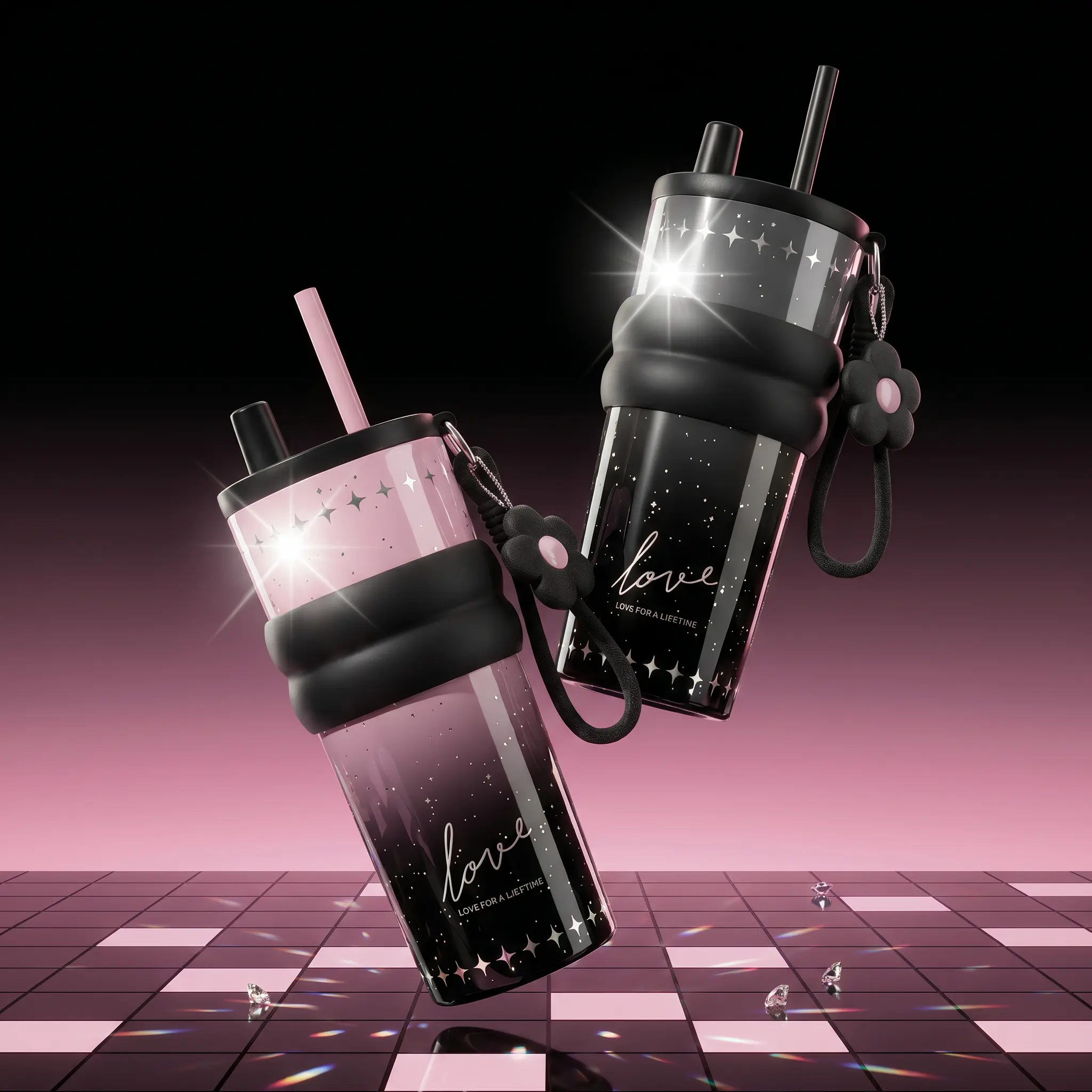 24oz Pink & Ink Starry Sky Straw Ice Cup - Insulated Lid Sports Water Bottle, 316SS Ceramic Lined, Retractable Straw, 1x Lid with Built-in Tea Strainer, 1x Removable Anti-Slip Silicone Sleeve, Gym Session Flask, Cup Holder Friendly Gift for Her