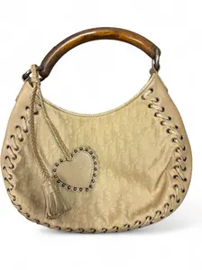Pre-owned Dior Canvas Shoulder Bags Christian Ethnic Hobo Shoulder Bag with Wooden Handle & Leather Heart Charm Galliano Era Vintage Leather Wood Beige