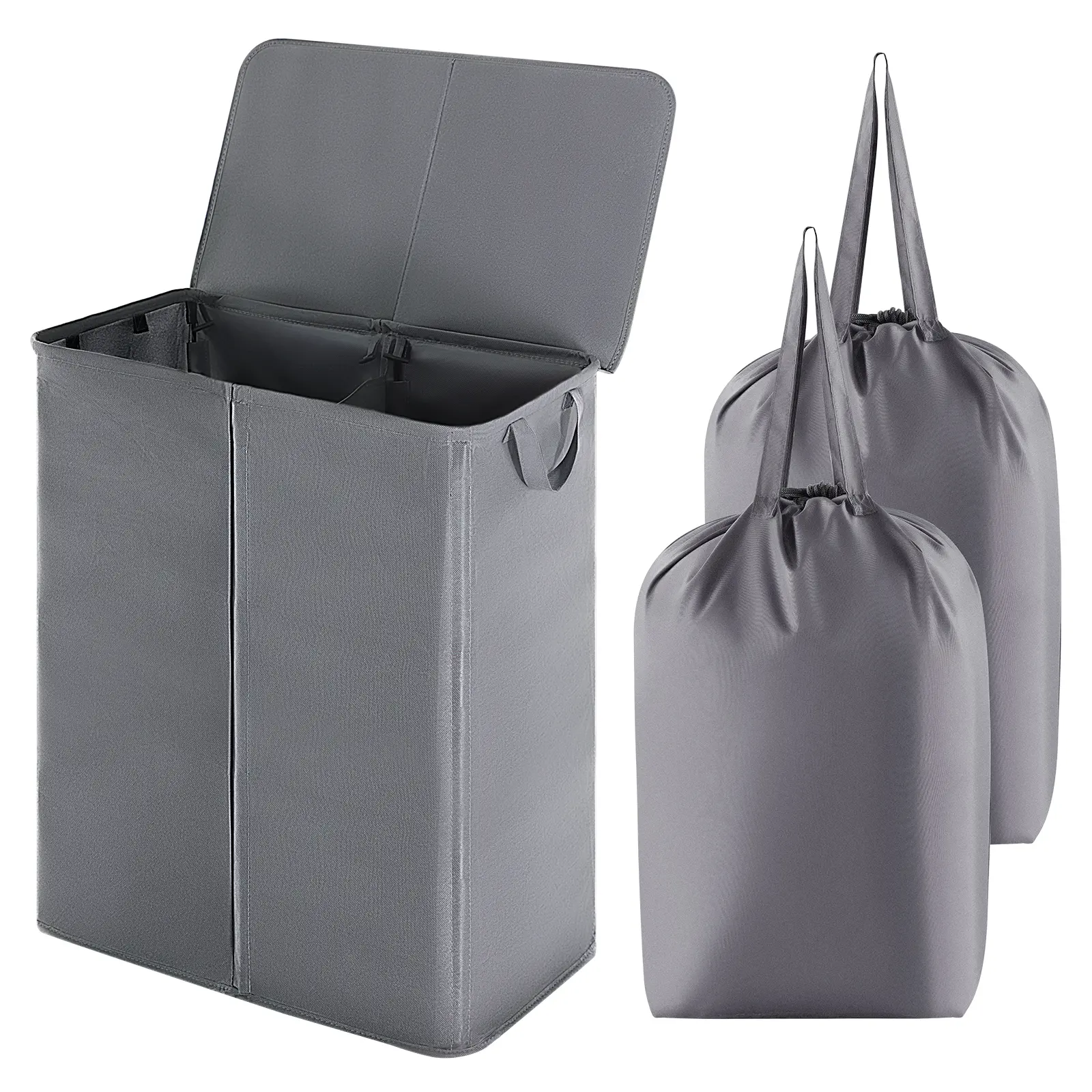 Lifewit Double Laundry Hamper with Lid and Removable Laundry Bags, Divided Laundry Basket with Handles, Large Separated Clothes Basket for Bedroom, Bathroom, College Dorm, Laundry Sorting, Grey