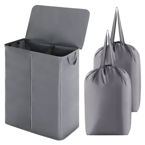 Lifewit Double Laundry Hamper with Lid and Removable Laundry Bags, Divided Laundry Basket with Handles, Large Separated Clothes Basket for Bedroom, Bathroom, College Dorm, Laundry Sorting, Grey